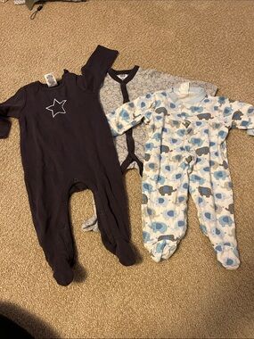 Three-Pack Baby One-Piece Sleepers - dark brown/gray, Gray & Blue Elephants